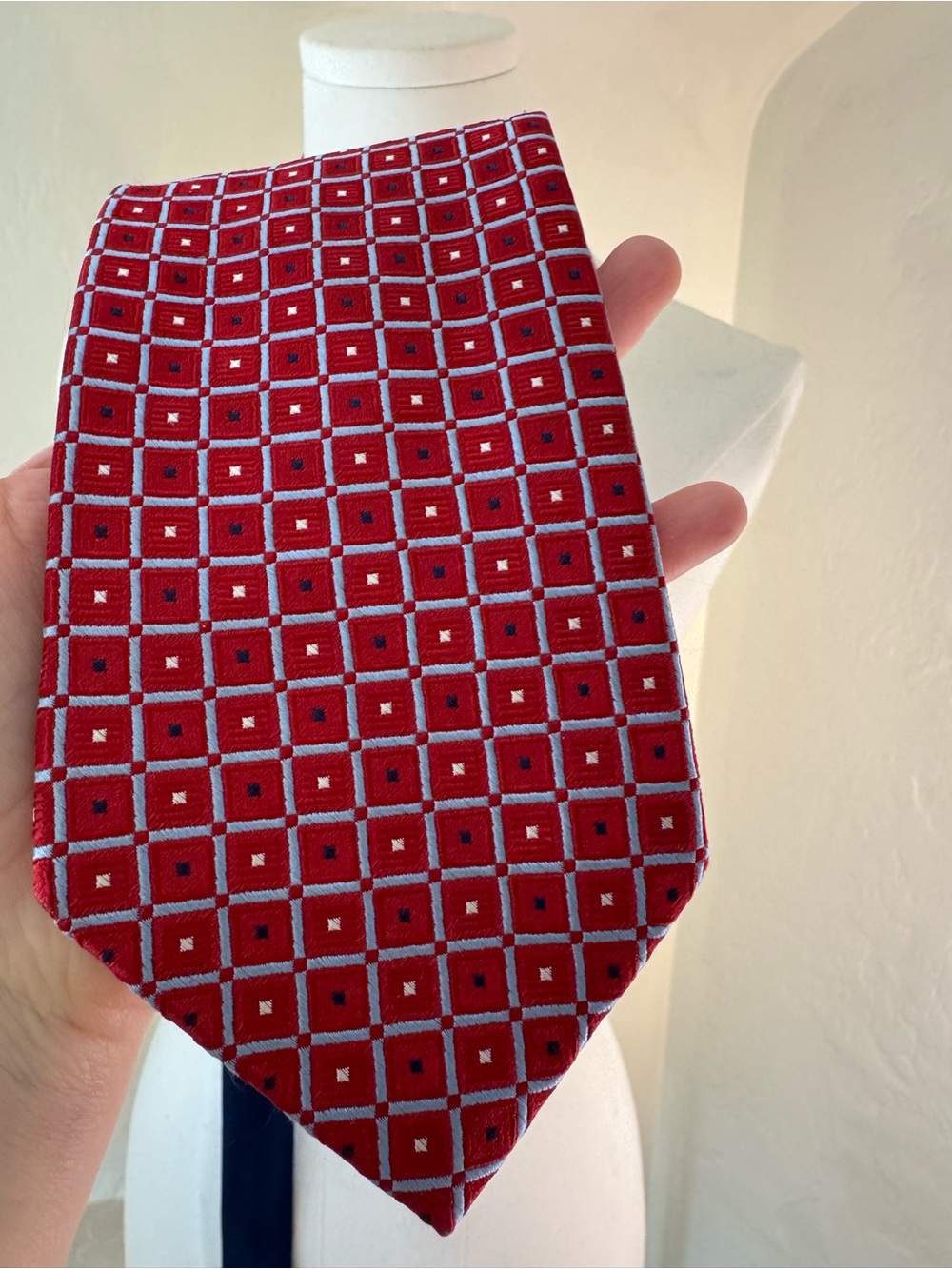 Tommy Hilfiger Red Grid Silk Tie with Light Blue Accents
